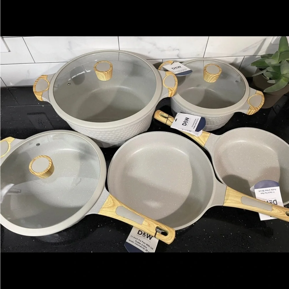 Light Gray Ceramic Nonstick Cookware Set with Wood-Effect Handles